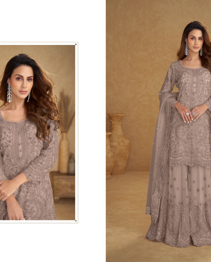 8113-G - Net Dusty Grey Embroidered Wedding Palazzo Suit